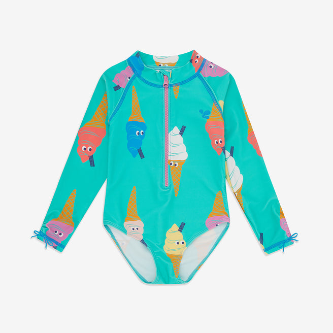 UV Protective Long Sleeve Swimsuit Green Ice Cream, featuring an all-over, colourful ice cream cone pattern and a pink zip.